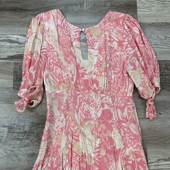 Free People Pink Floral Midi Dress Size 4 Tie Sleeve V-Neck Boho Vacation - Picture 6 of 9